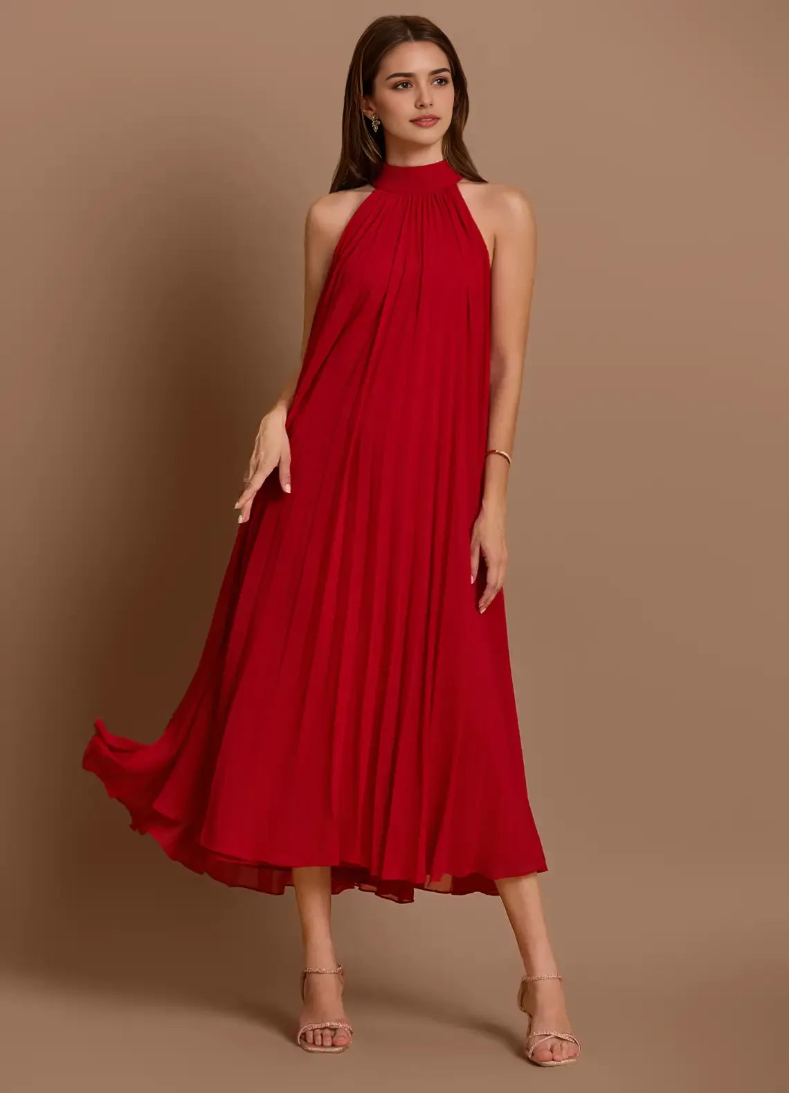 Vivacious A Line Halter Neck Sleeveless Bow Back Midi Length For Ladies Prom Dress