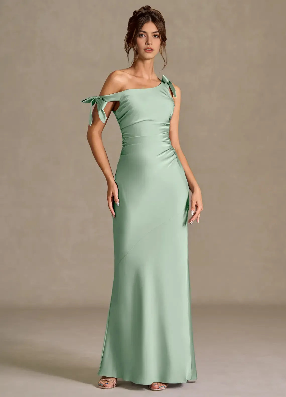 Vivid Mermaid Sweetheart One Shoulder Tie Accent Open Back Floor Length Female Prom Dress