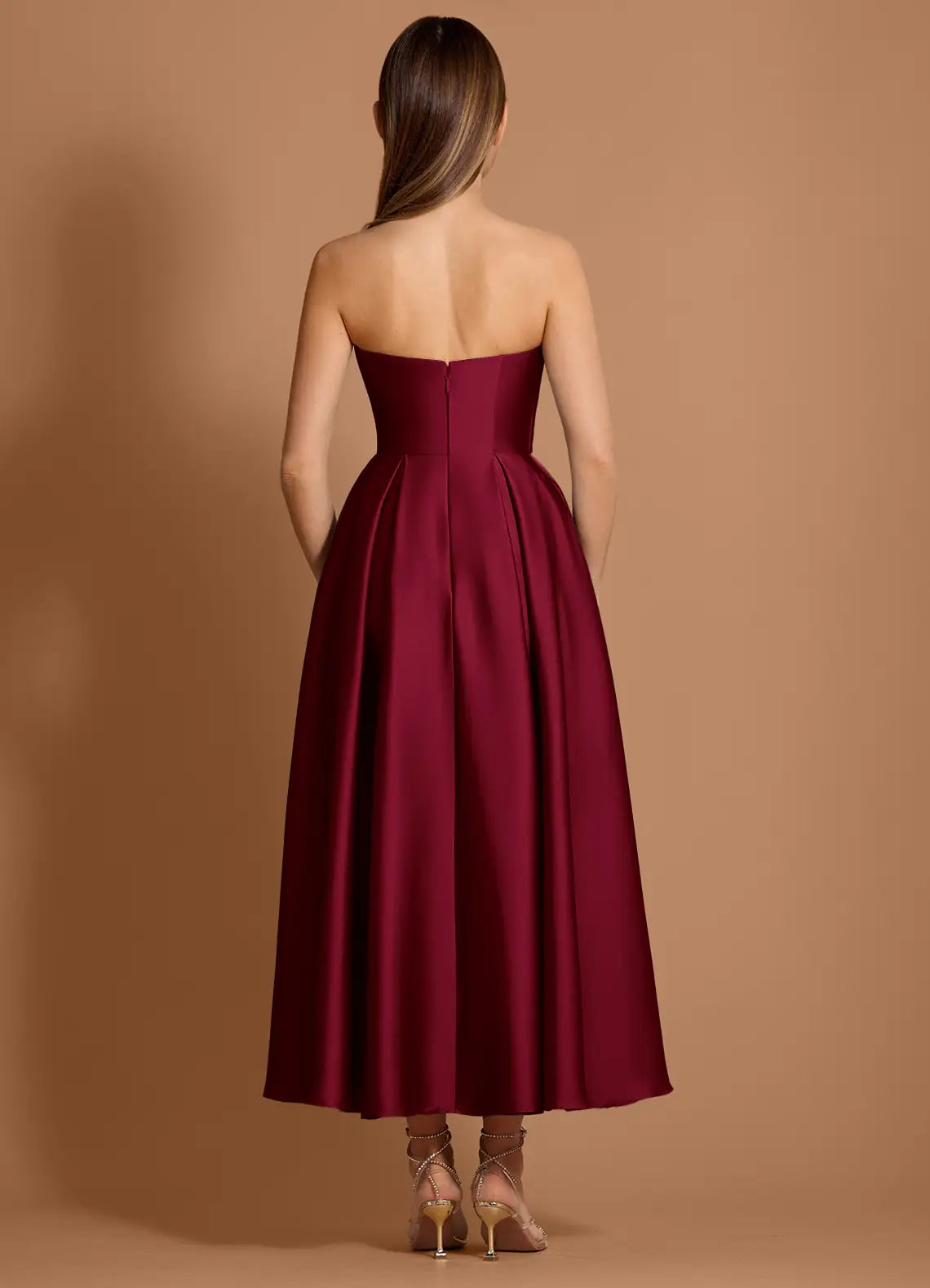 Voluminous A Line Strapless Sleeveless Open Back Midi Length For Ladies Prom Dress