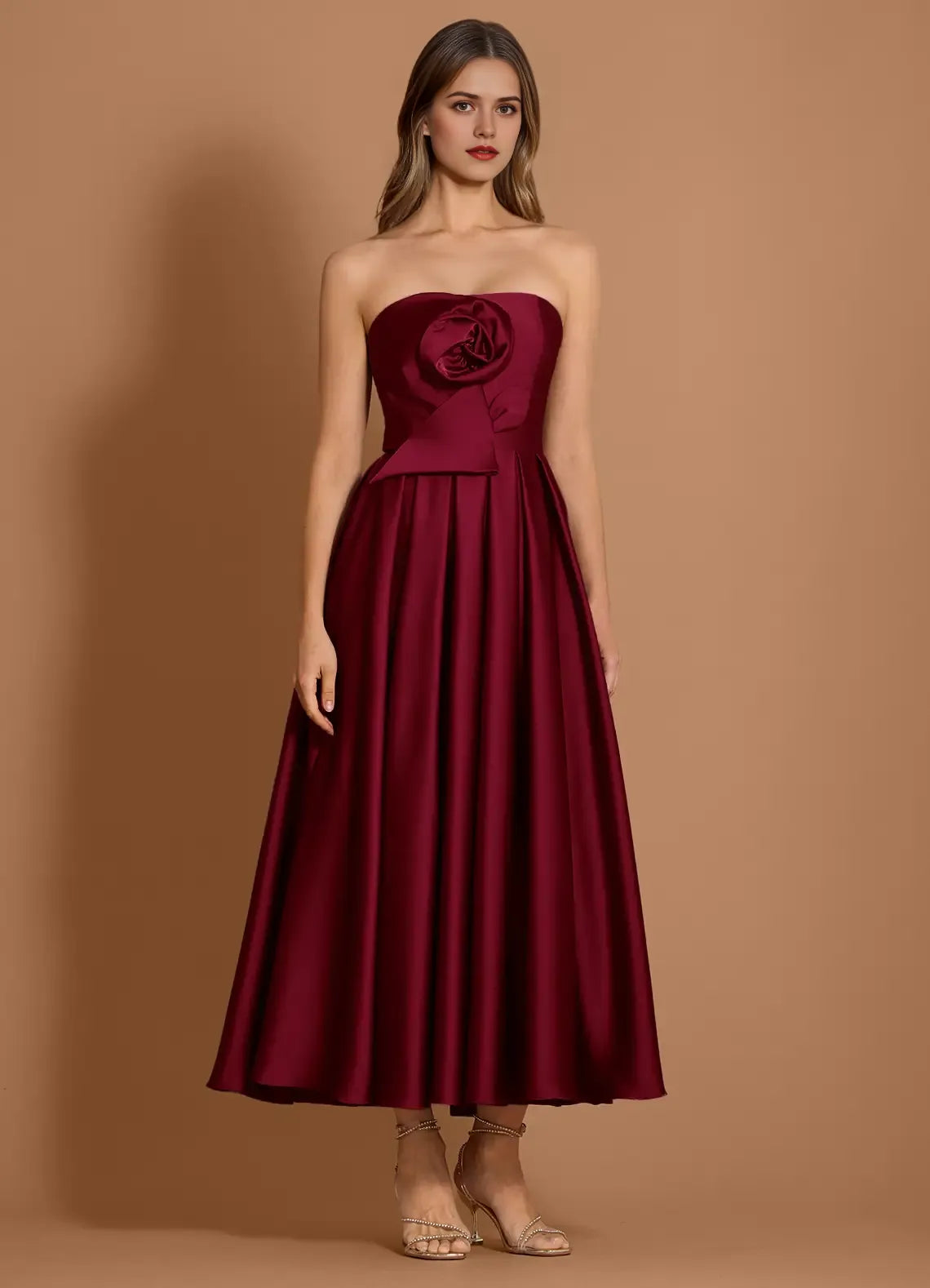 Voluminous A Line Strapless Sleeveless Open Back Midi Length For Ladies Prom Dress