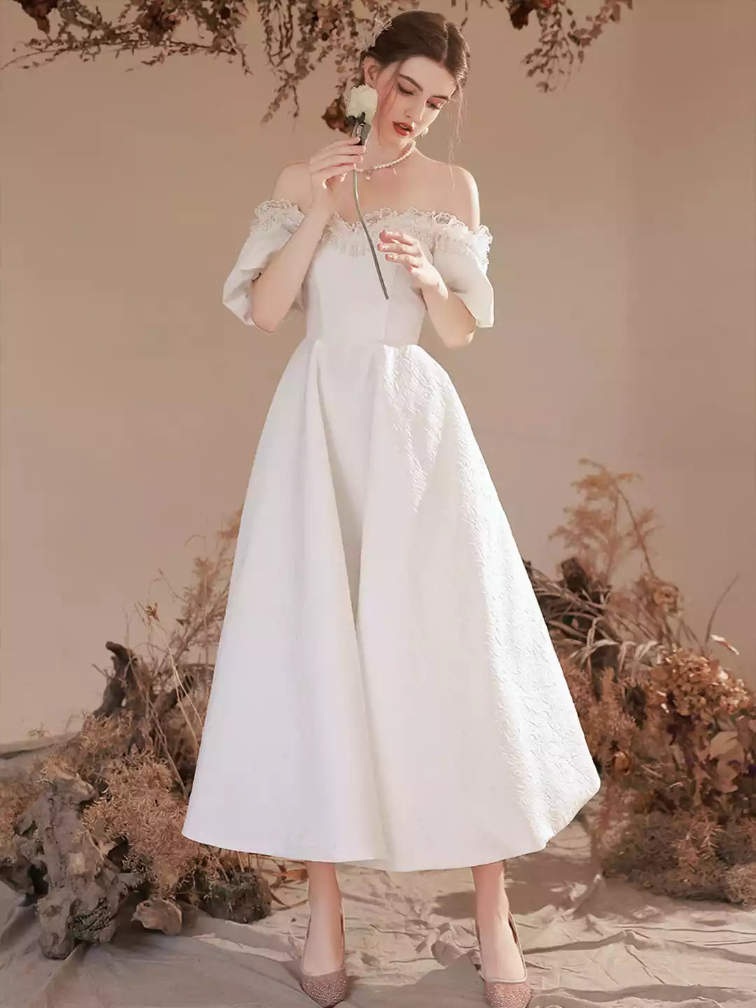 White A-Line Cute Off-Shoulder Short Prom Dresses Evening Party Dresses