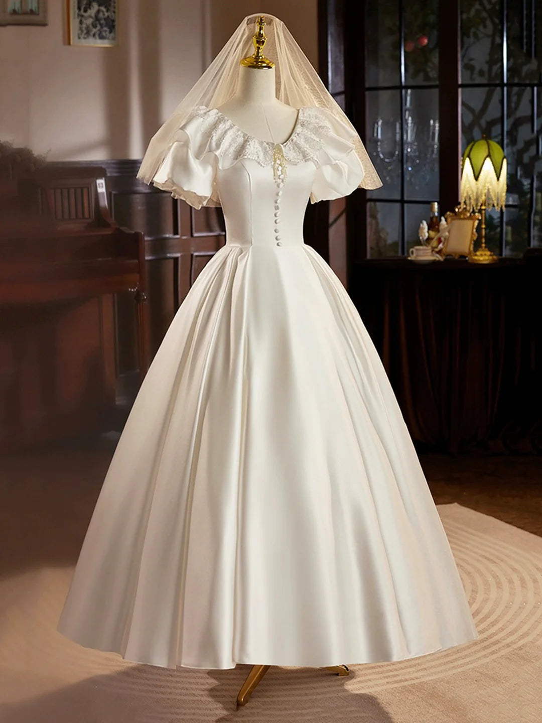 White A-Line Retro Satin Tea Length Prom Dress with Lace Evening Party Dress Wedding Dresses