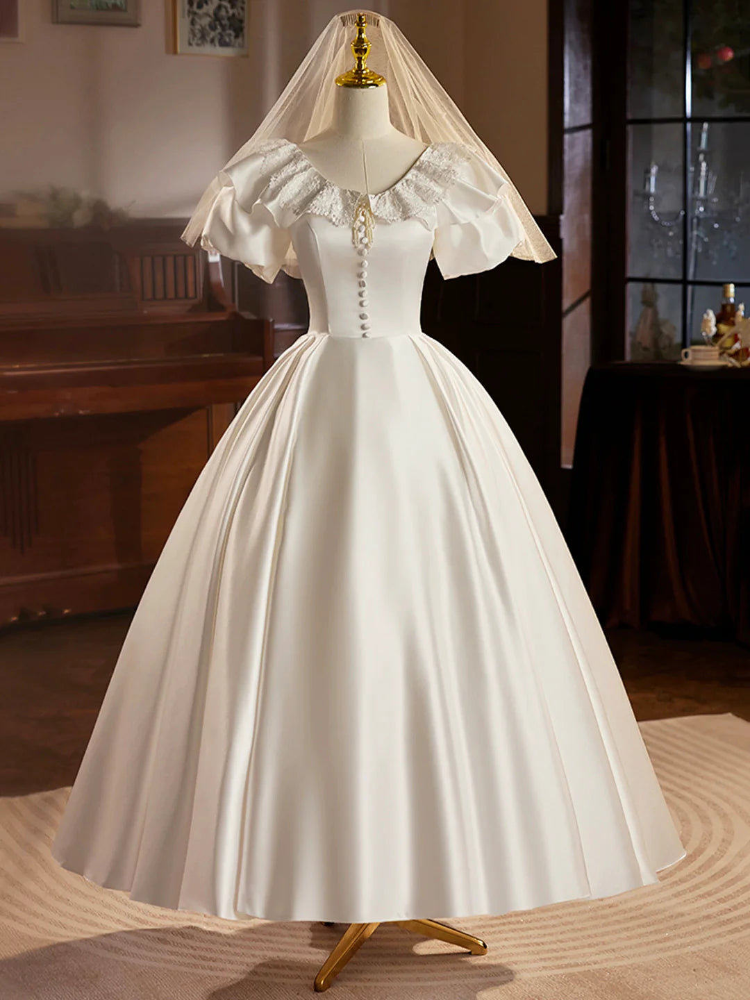 White A-Line Retro Satin Tea Length Prom Dress with Lace Evening Party Dress Wedding Dresses