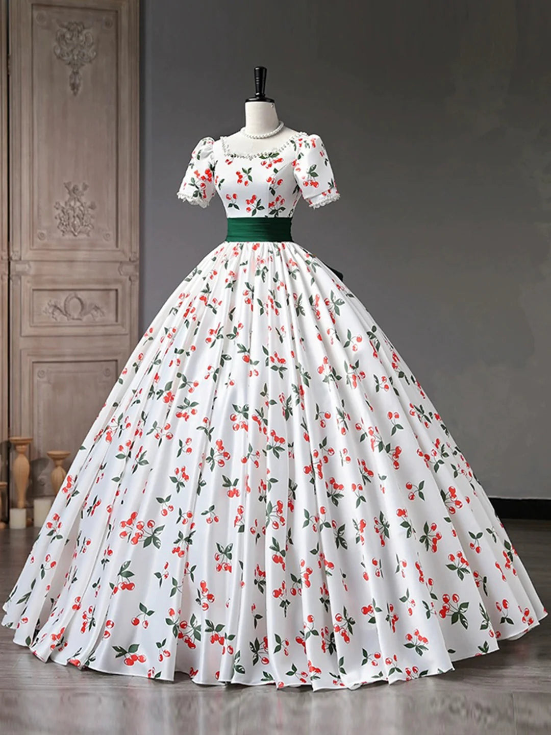 White A-Line Short Sleeve Beautiful Cherry Pattern Long Princess Prom Dress Evening Party Dress
