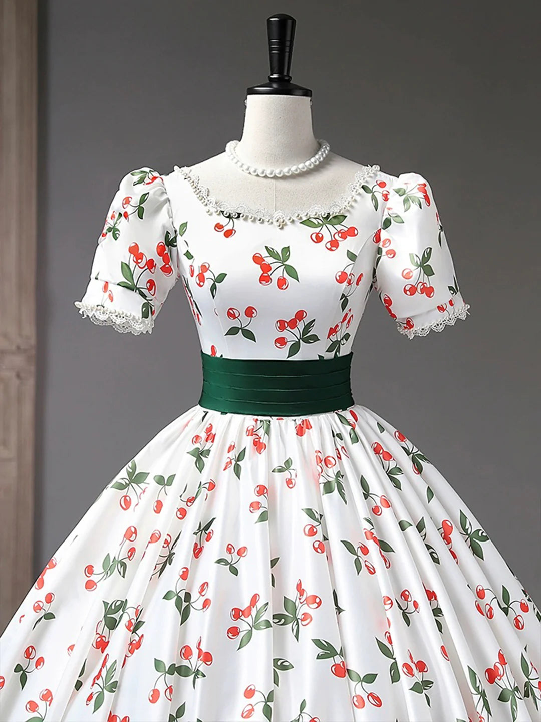White A-Line Short Sleeve Beautiful Cherry Pattern Long Princess Prom Dress Evening Party Dress