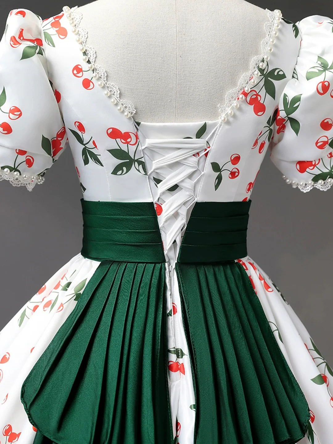 White A-Line Short Sleeve Beautiful Cherry Pattern Long Princess Prom Dress Evening Party Dress