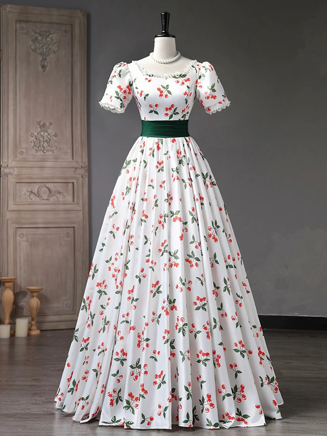 White A-Line Short Sleeve Beautiful Cherry Pattern Long Princess Prom Dress Evening Party Dress