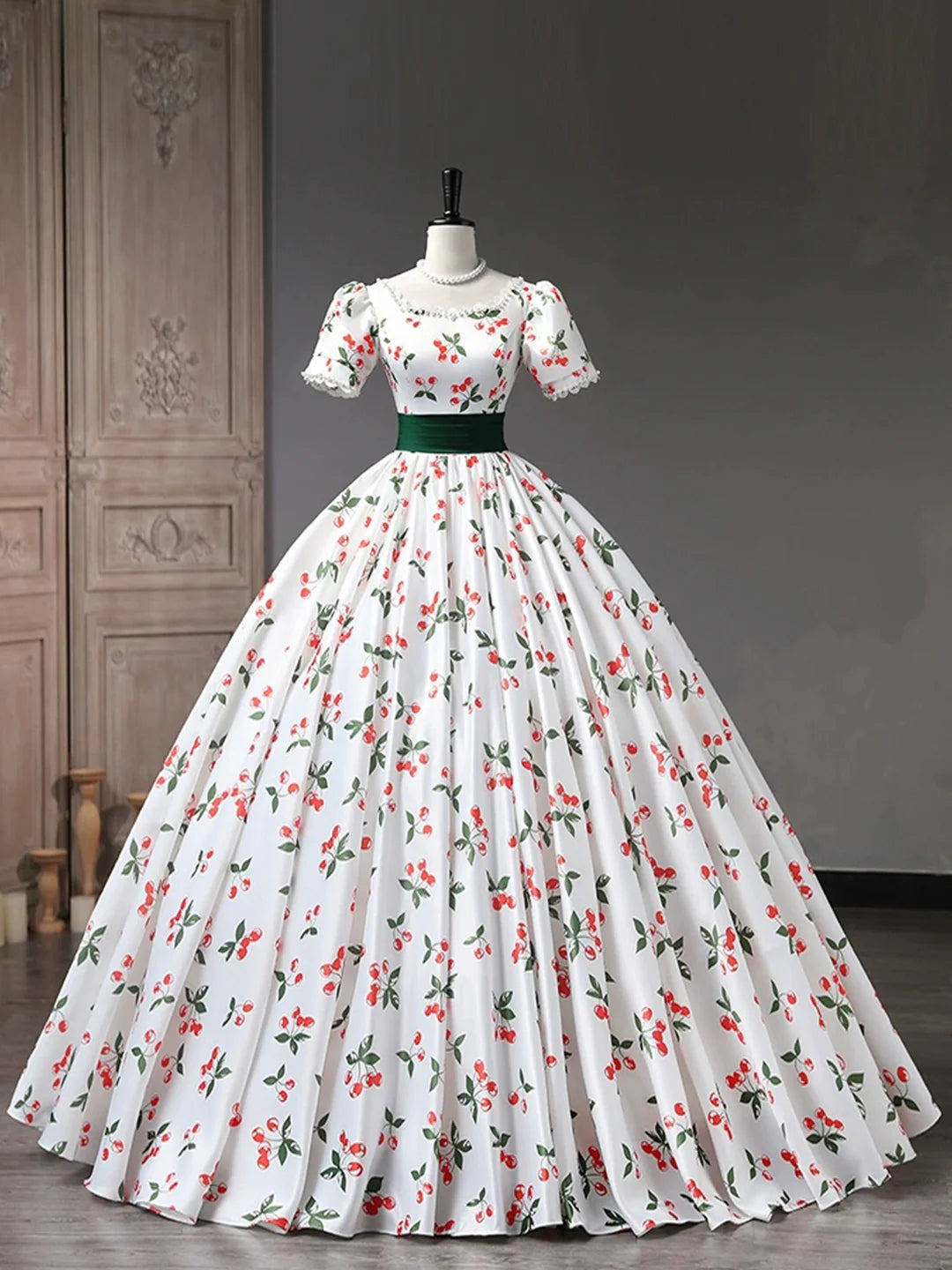 White A-Line Short Sleeve Beautiful Cherry Pattern Long Princess Prom Dress Evening Party Dress