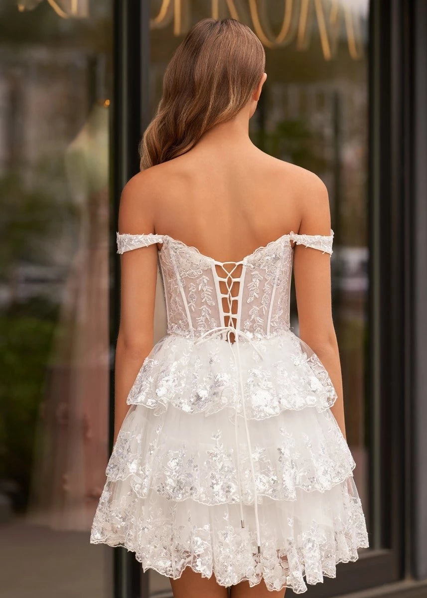 White A-Line Sweetheart Tiered Short Length Off-the-Shoulder Sweetheart Neckline Sleeveless Lace-up Back Ruffles Sequins