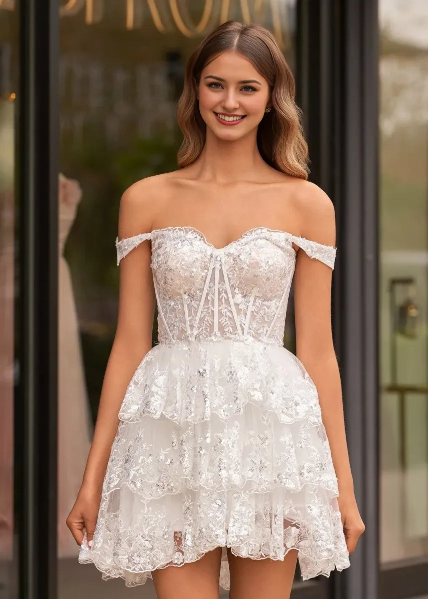 White A-Line Sweetheart Tiered Short Length Off-the-Shoulder Sweetheart Neckline Sleeveless Lace-up Back Ruffles Sequins
