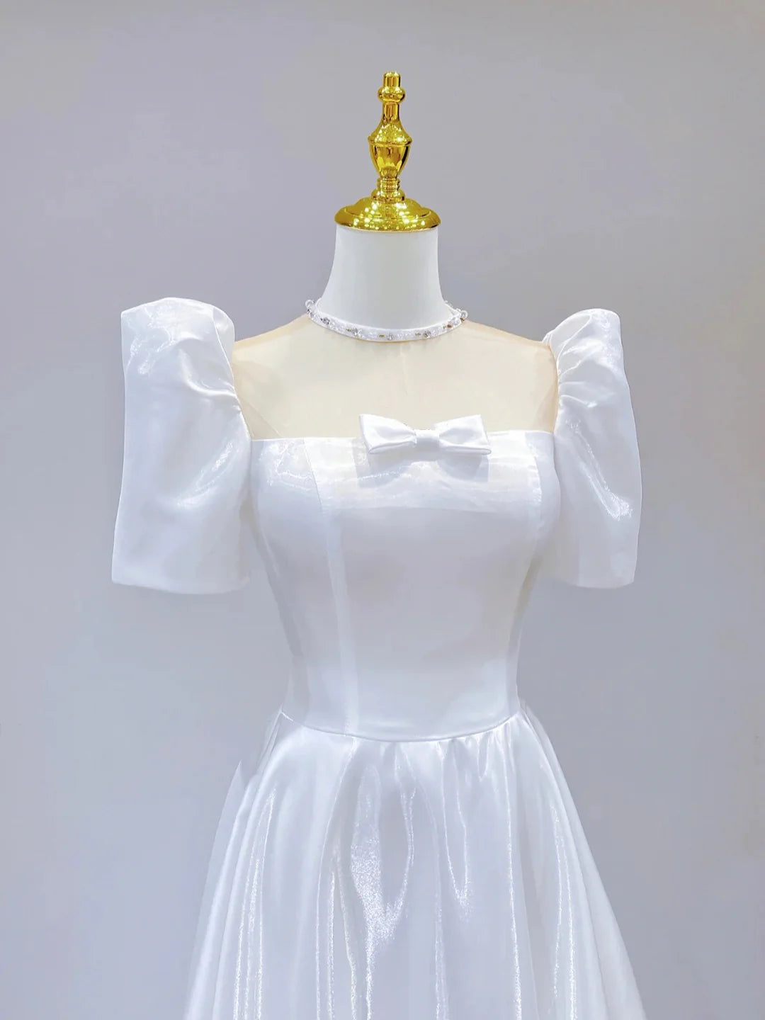 White A-Line White Satin Short Sleeve Floor Length Prom Dress Party Dress Wedding Dresses