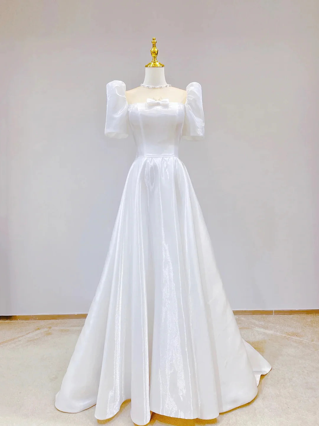 White A-Line White Satin Short Sleeve Floor Length Prom Dress Party Dress Wedding Dresses