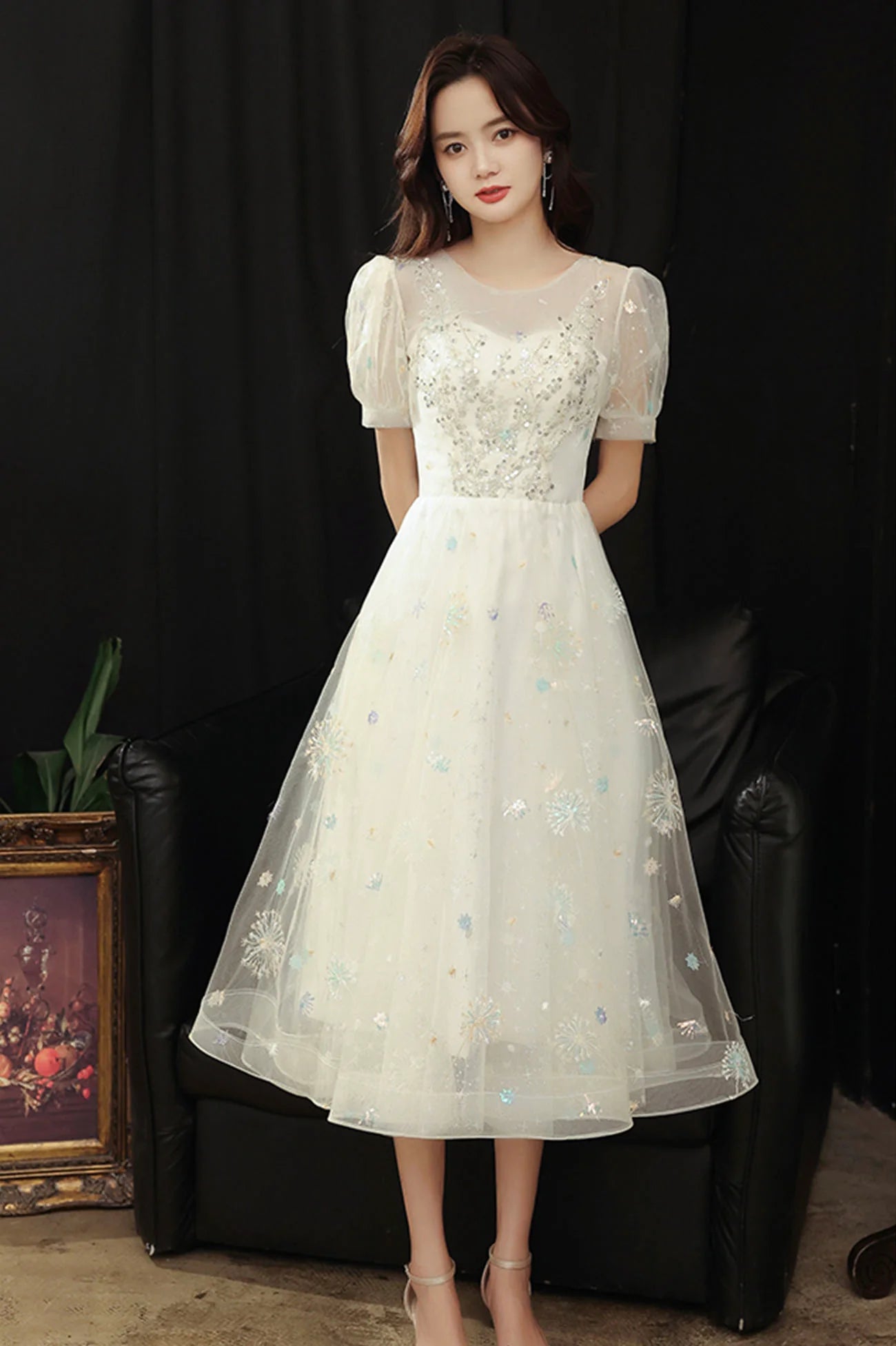 White A-Line White Tulle Sequins Short Prom Dress Party Dress