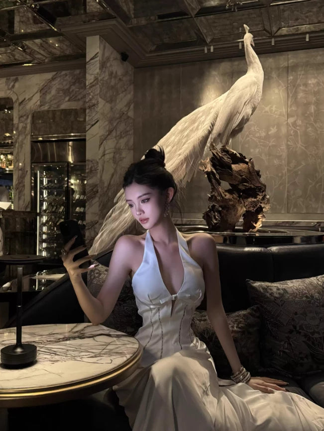 White A Line Halter Beaded Satin Open Back Sleeveless Off-the-shoulder Floor length Prom Dress Cocktail Dress Homecoming Dress Evening Dress