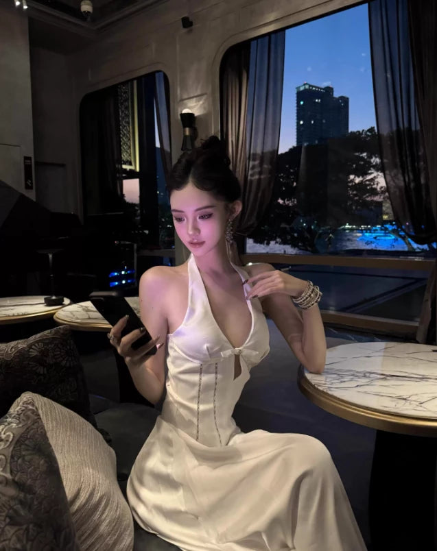 White A Line Halter Beaded Satin Open Back Sleeveless Off-the-shoulder Floor length Prom Dress Cocktail Dress Homecoming Dress Evening Dress