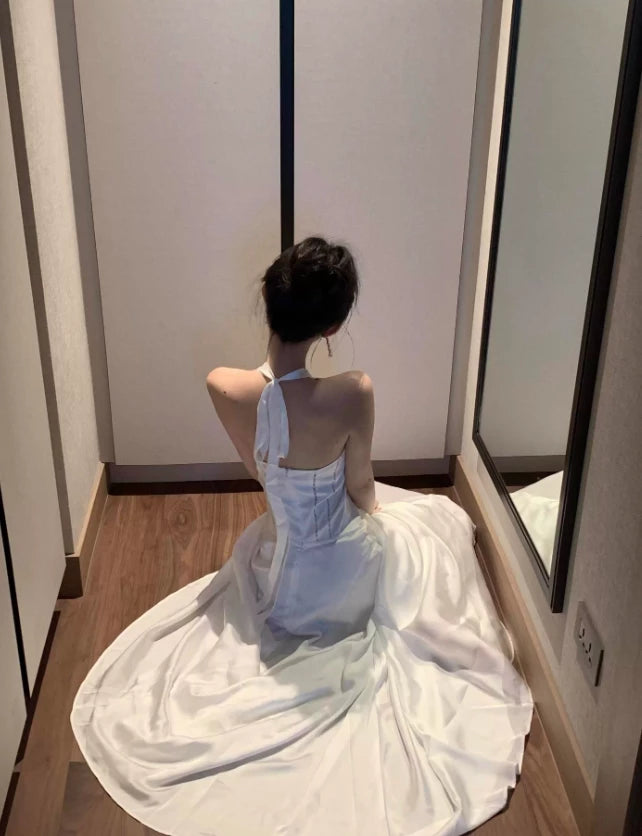 White A Line Halter Beaded Satin Open Back Sleeveless Off-the-shoulder Floor length Prom Dress Cocktail Dress Homecoming Dress Evening Dress