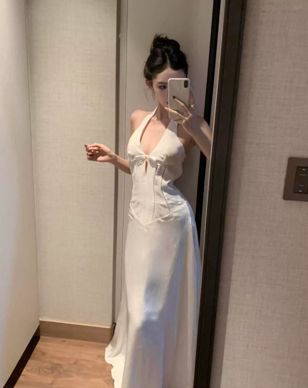 White A Line Halter Beaded Satin Open Back Sleeveless Off-the-shoulder Floor length Prom Dress Cocktail Dress Homecoming Dress Evening Dress