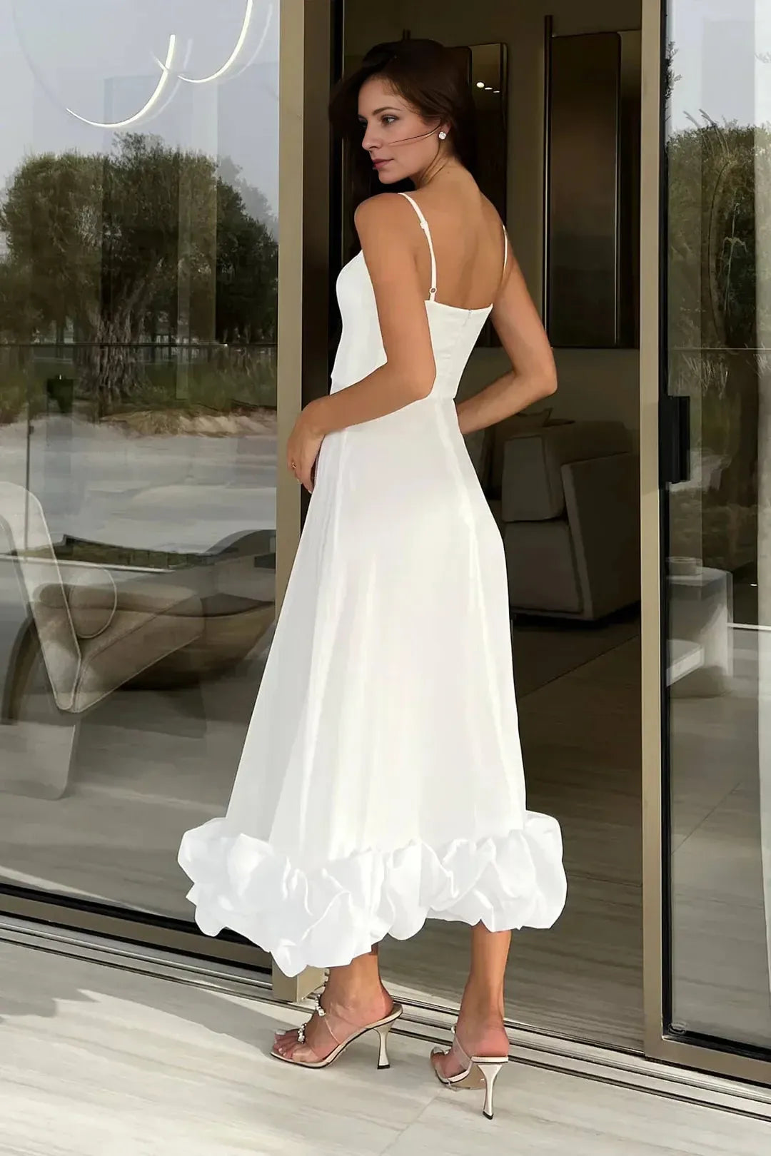 A Line Satin White Long with Ruffles Tea-Length Sccop Neckline Spaghetti-Straps Lace-up Back Evening Dresses Evening Dresses Prom Dress