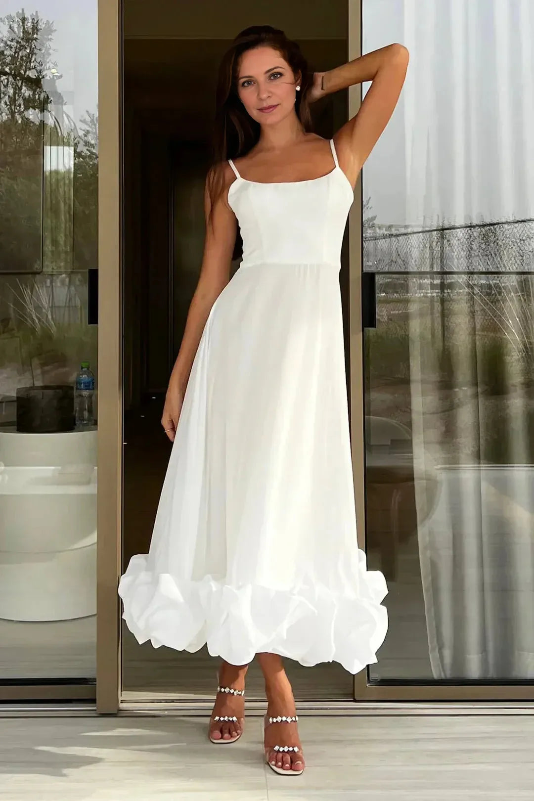 A Line Satin White Long with Ruffles Tea-Length Sccop Neckline Spaghetti-Straps Lace-up Back Evening Dresses Evening Dresses Prom Dress