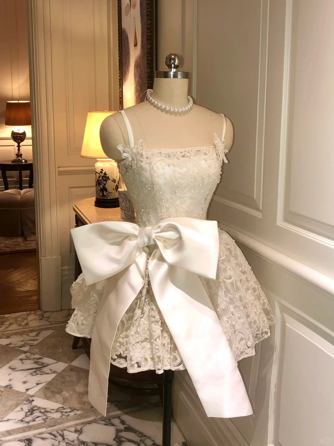 White A Line Sleeveless Spaghetti Strap Pearl Lace Back strap Short Prom Dress Cocktail Dress Homecoming Dress Evening Dress Party Dress