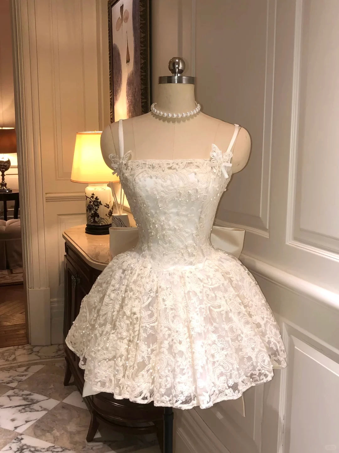 White A Line Sleeveless Spaghetti Strap Pearl Lace Back strap Short Prom Dress Cocktail Dress Homecoming Dress Evening Dress Party Dress