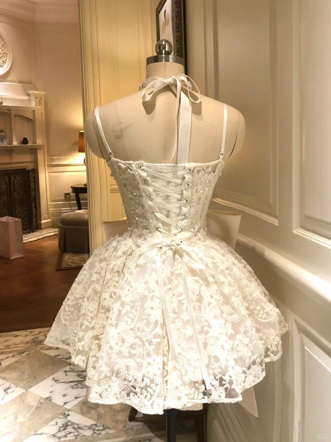 White A Line Sleeveless Spaghetti Strap Pearl Lace Back strap Short Prom Dress Cocktail Dress Homecoming Dress Evening Dress Party Dress