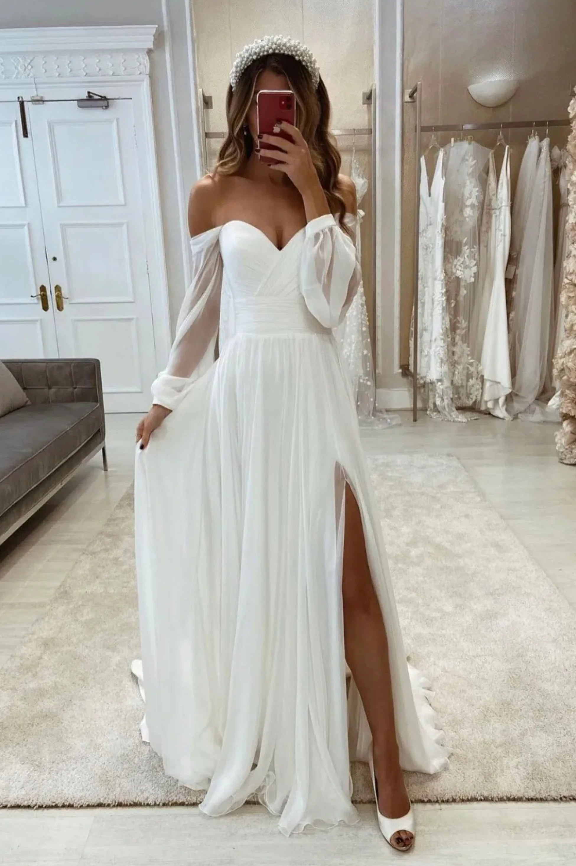 White Chiffon Floor Length Long Sleeve Prom Dress White Evening Party Dress
