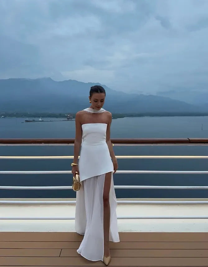 White Flowy Simple A Line Strapless Satin Chiffon Sleeveless Off-the-shoulder Floor length Prom Dress Cocktail Dress Homecoming Dress Evening Dress