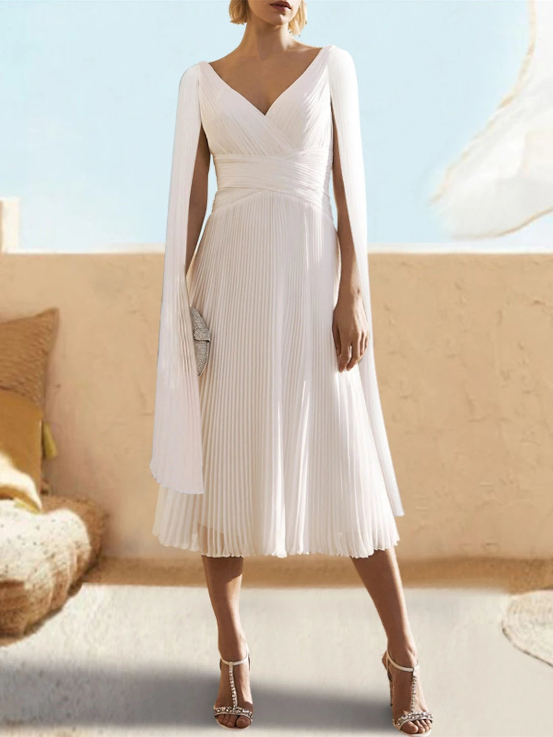 White Princess V-Neck Floor-Length Tea-Length Cocktail Dress with Watteau Train