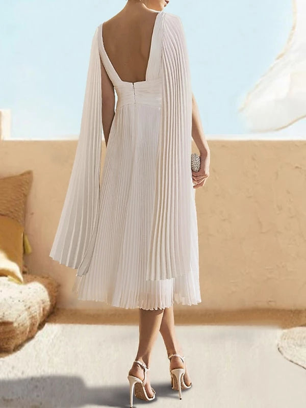 White Princess V-Neck Floor-Length Tea-Length Cocktail Dress with Watteau Train