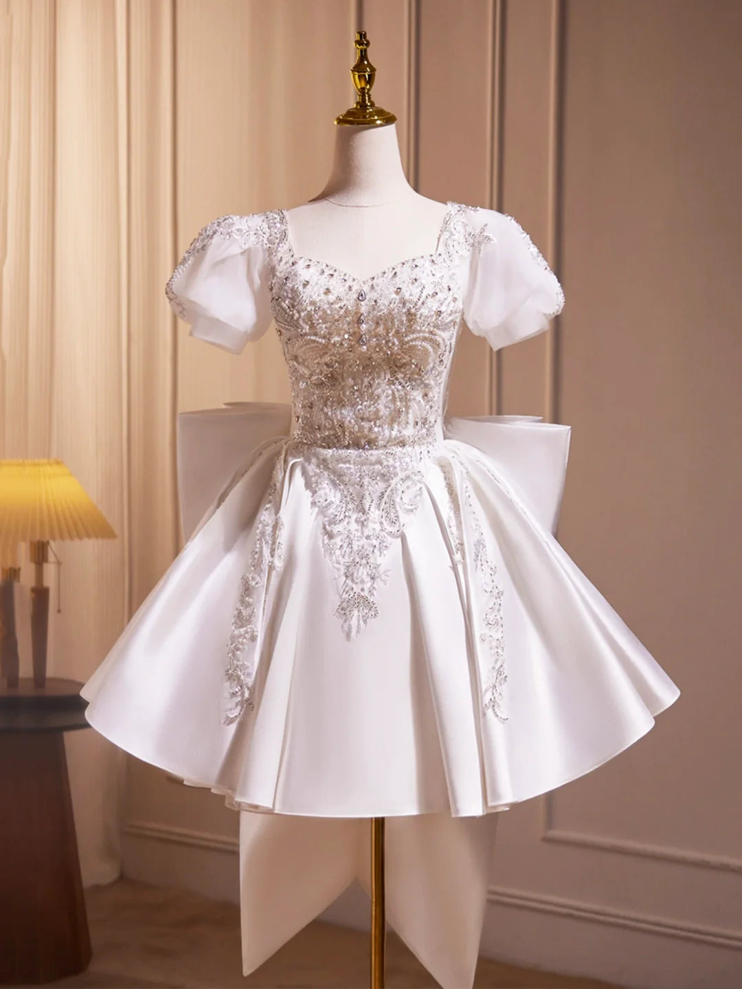 White Satin Beaded  Prom Dress Cute A-Line Short Sleeve Knee Length Party Dress with Bow Homecoming Dresses