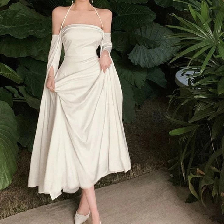 White Simple Clean A Line Halter Long Sleeve Satin Long Sleeveless Off-the-shoulder Prom Dress Cocktail Dress Homecoming Dress Evening Dress