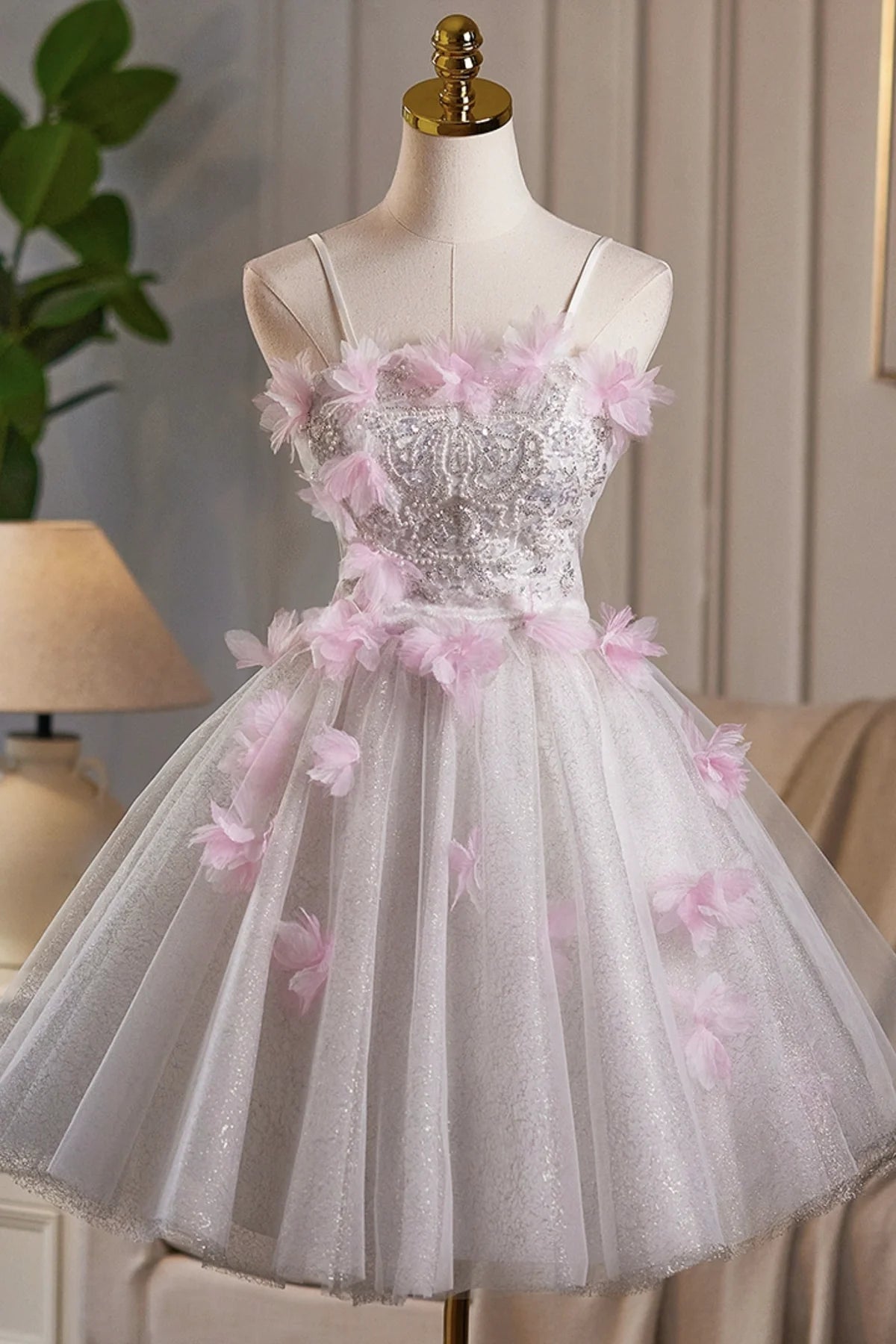 White Tulle and Pink Flowers Knee Length Prom Dress Lovely A-Line Party Dress Homecoming Dresses