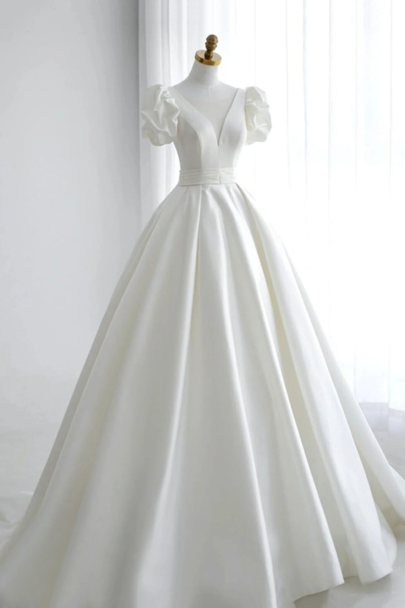 White V-Neck Floor Length Satin Long Formal Dress Wedding Formal Dress Wedding Dress