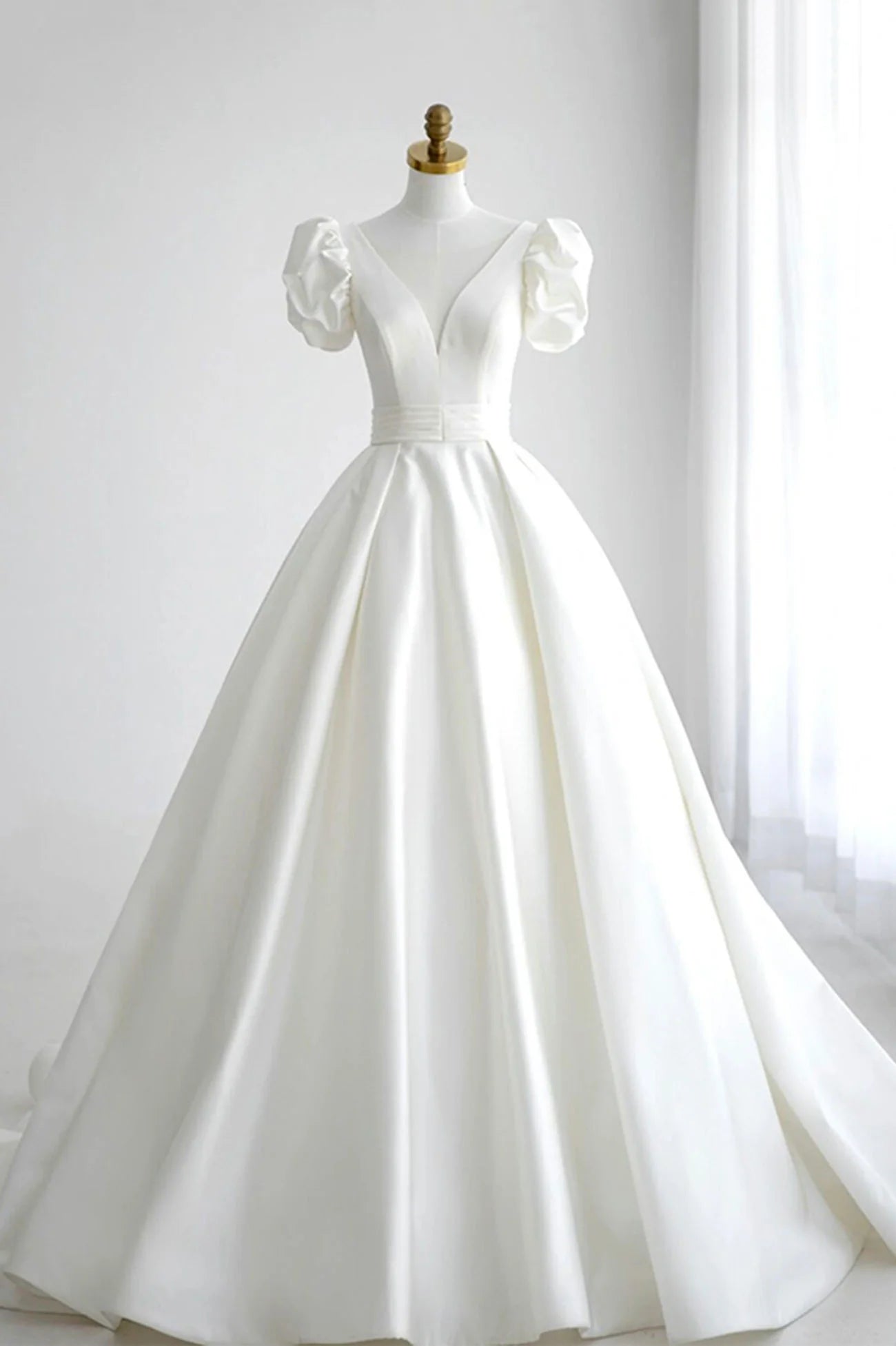 White V-Neck Floor Length Satin Long Formal Dress Wedding Formal Dress Wedding Dress
