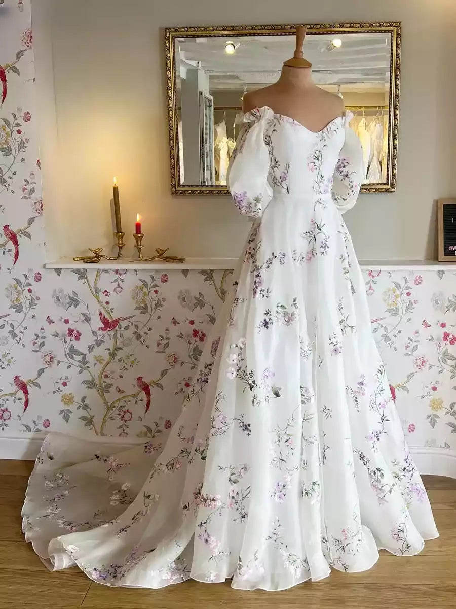 Women's Floral Print Off-the-Shoulder Bridal Gowns Beach Wedding Dresses Prom Dresses
