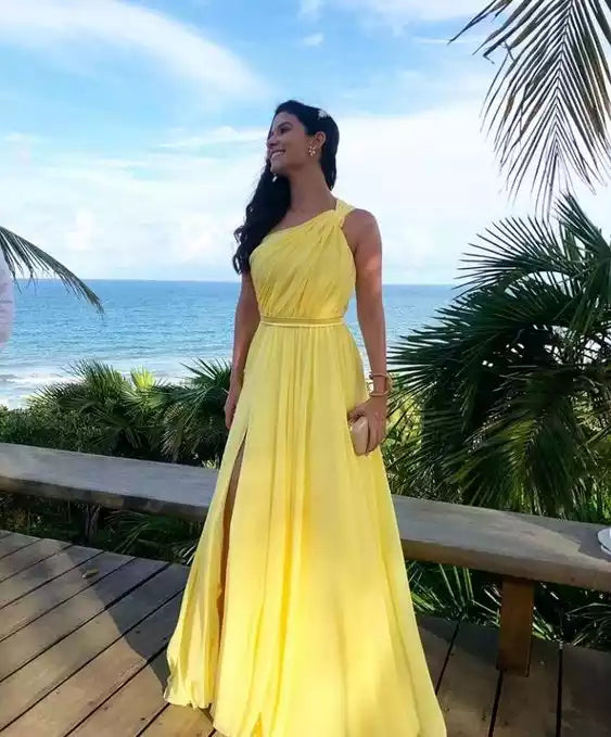Yellow One Shoulder sleeveless Long Prom Evening Dresses Sexy Prom Dress