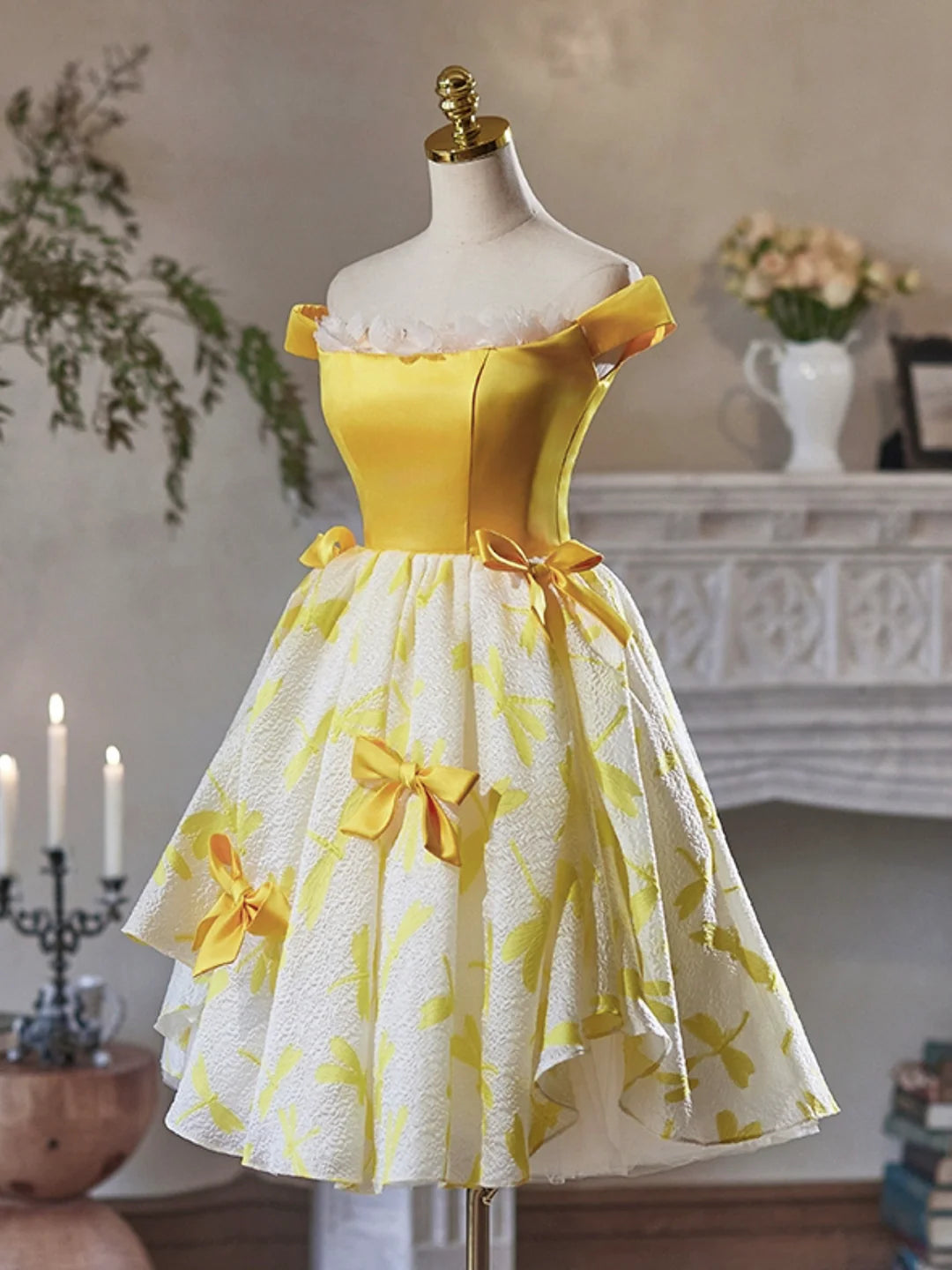 Yellow Satin Off the Shoulder Knee Length Party Dress Cute Evening Homecoming Dresses