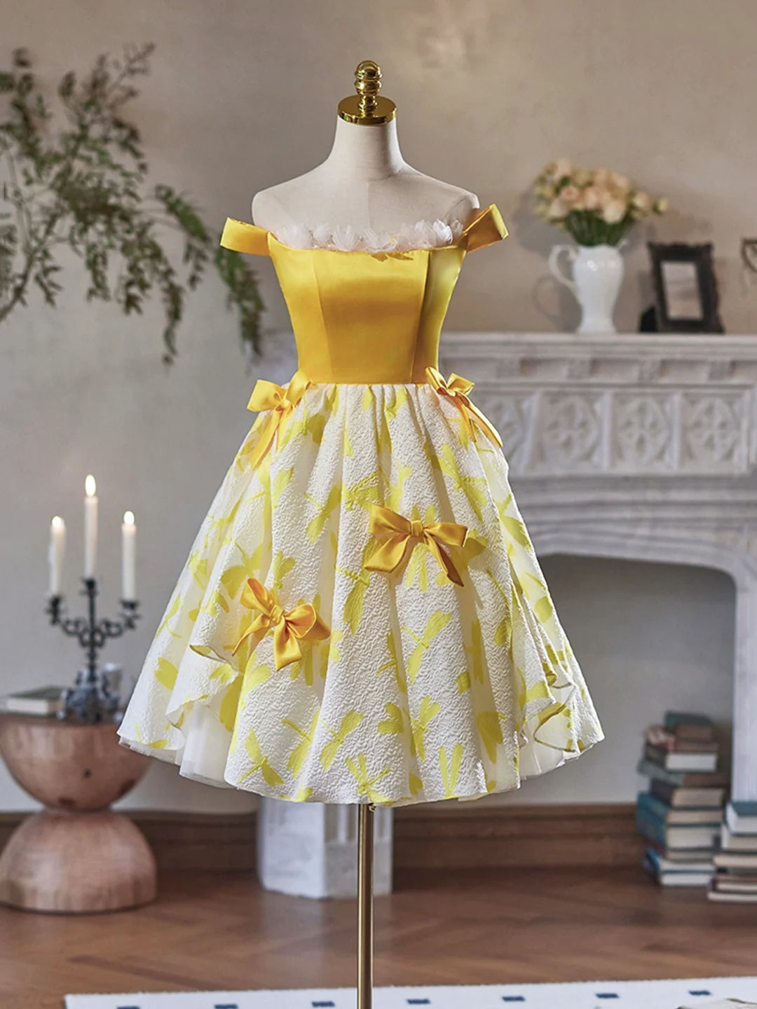Yellow Satin Off the Shoulder Knee Length Party Dress Cute Evening Homecoming Dresses