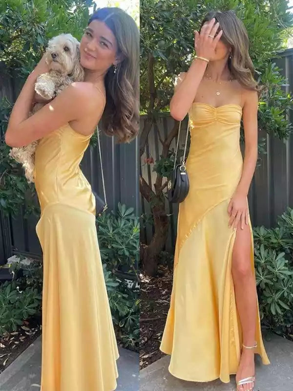 Yellow Sleeveless  party dresses sexy formal dress evening dresses