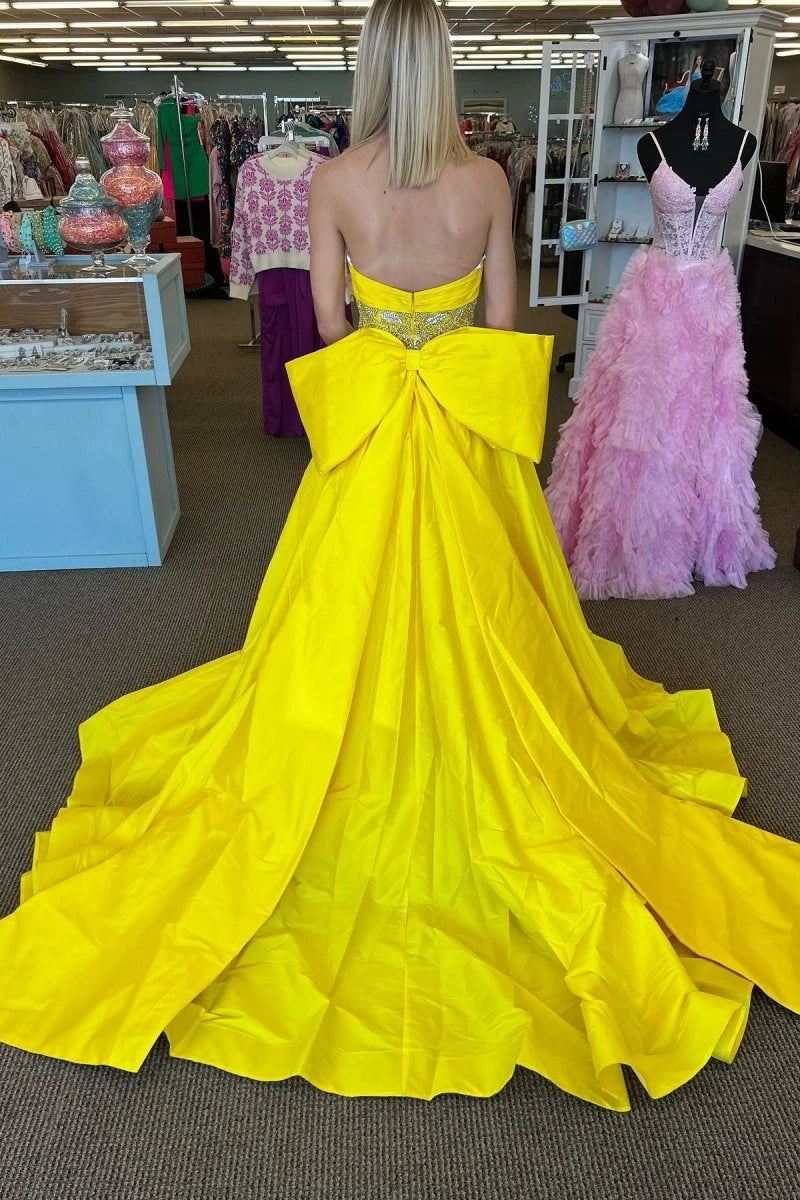 Yellow Strapless Beaded Waist Bow Back Long Sleeveless Sweep Train Strapless Neckline Strapless Neckline Evening Dresses Evening Dresses Prom Dress