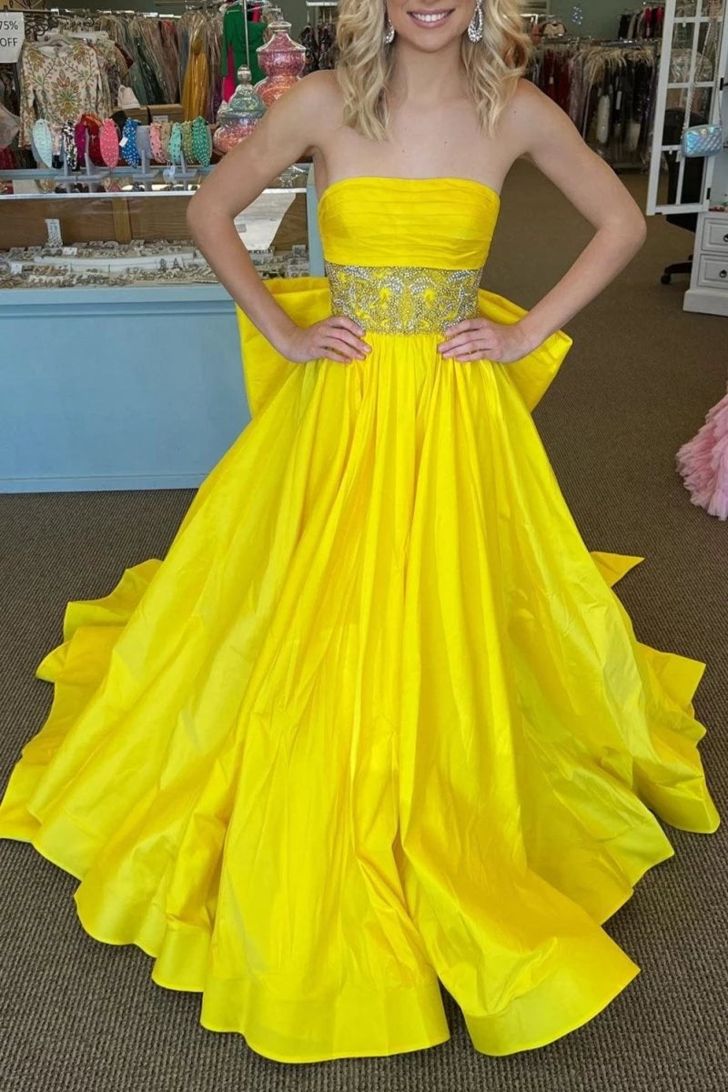 Yellow Strapless Beaded Waist Bow Back Long Sleeveless Sweep Train Strapless Neckline Strapless Neckline Evening Dresses Evening Dresses Prom Dress