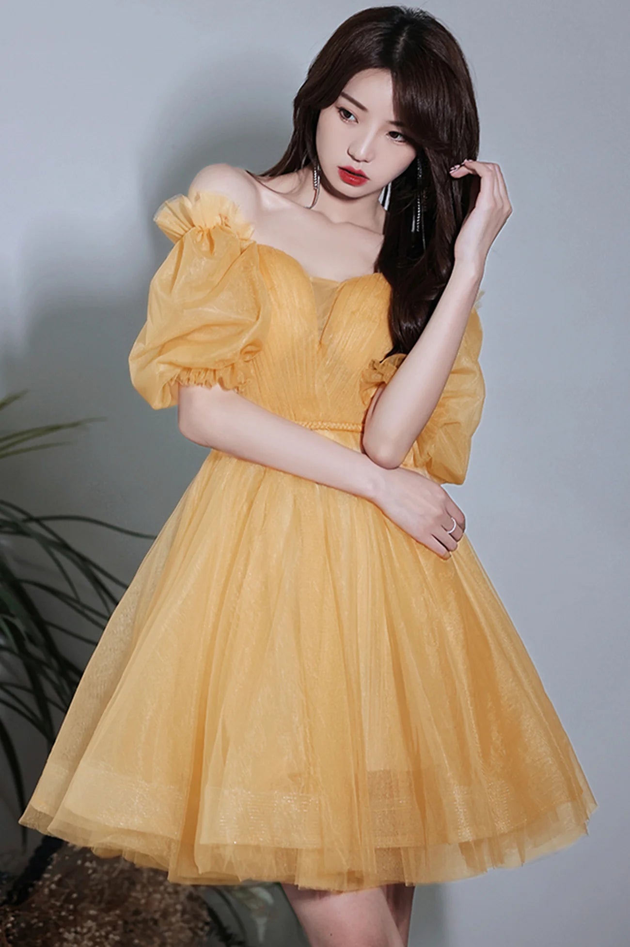 Yellow Tulle Knee Length Short A-Line Prom Dress Yellow Party Dress