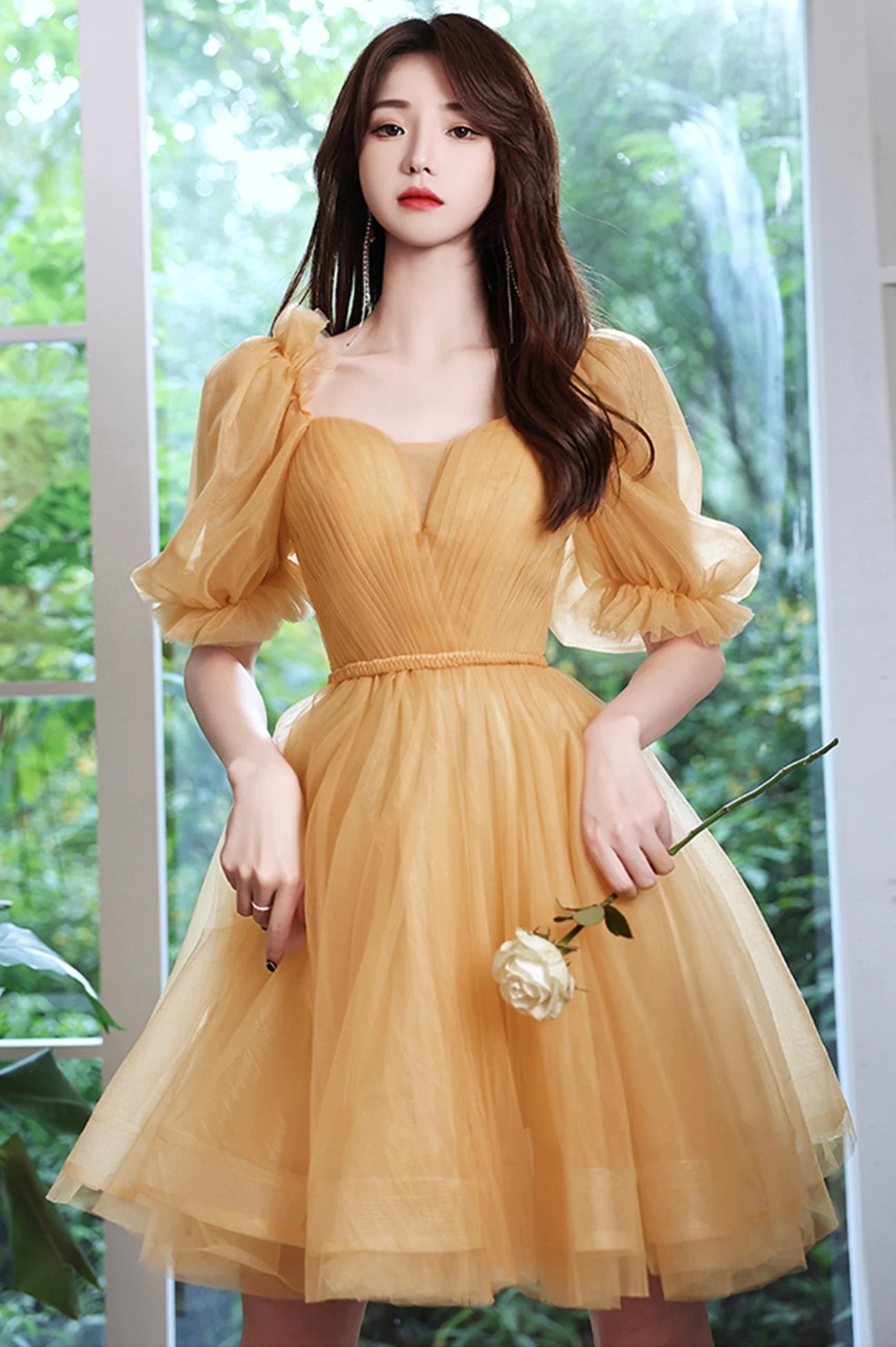 Yellow Tulle Knee Length Short A-Line Prom Dress Yellow Party Dress