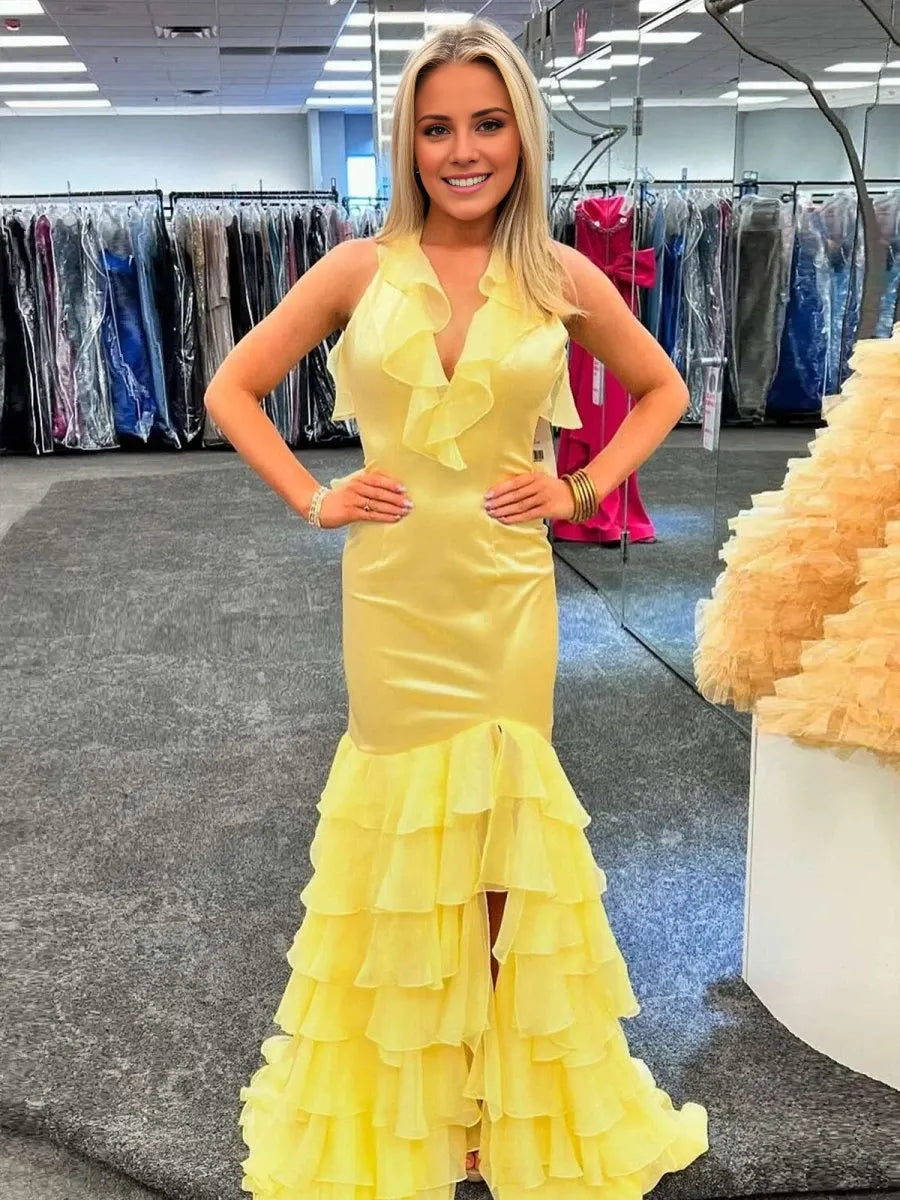 Yellow V Neck Satin Mermaid Ruffles Long Sleeveless Floor Length Lace Up Back Party Dresses Homecoming Dress Prom Dress