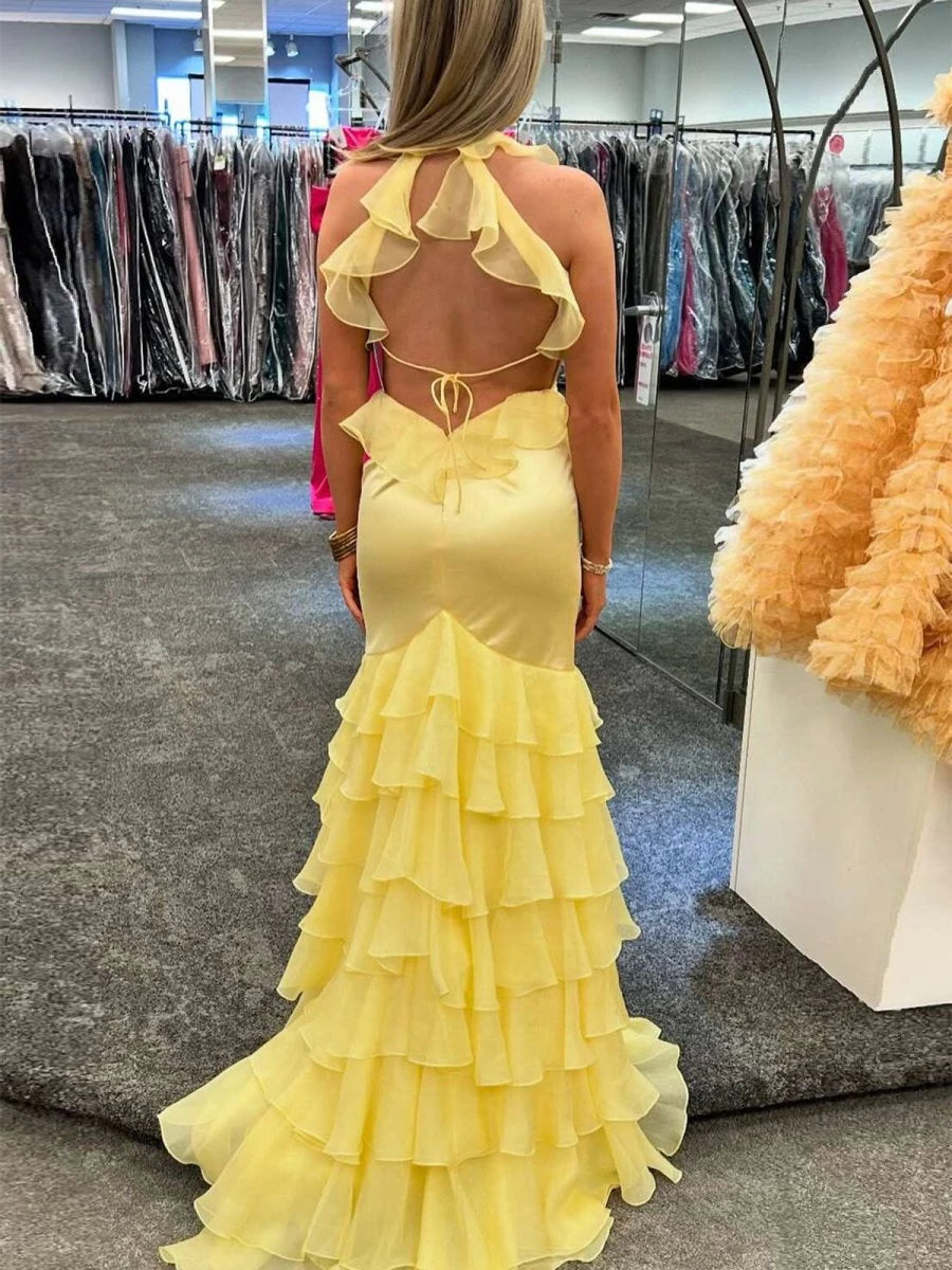 Yellow V Neck Satin Mermaid Ruffles Long Sleeveless Floor Length Lace Up Back Party Dresses Homecoming Dress Prom Dress