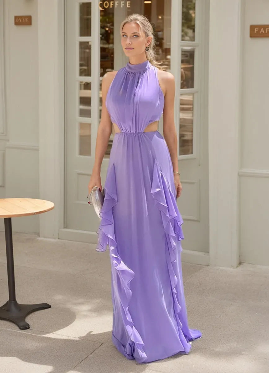 heath Halter Ruched Floor Length Sex with Opened Back Ruffles Evening Dresses Party Dress  Prom Dresses