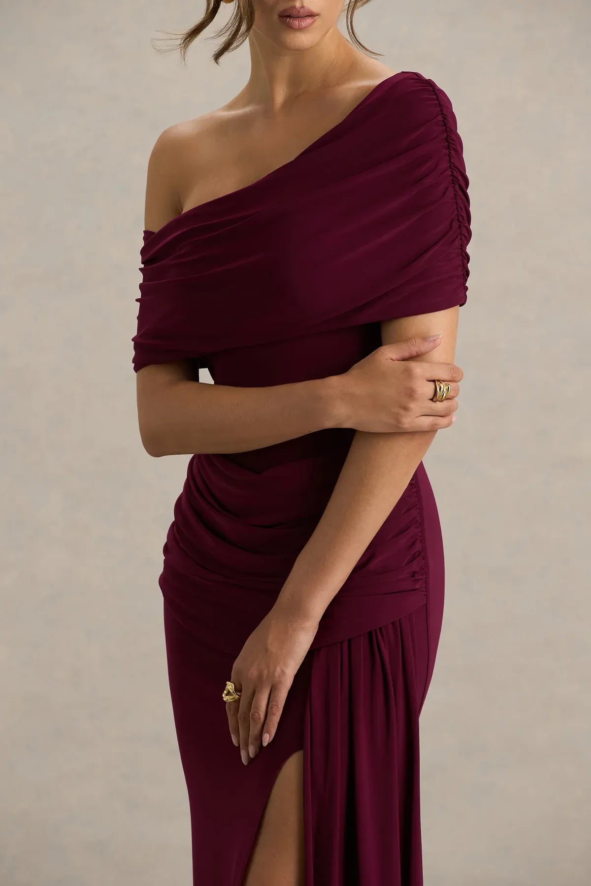 Alluring Mermaid One Shoulder Draped Sleeve Ruched Side High Slit Floor Length Evening Dress