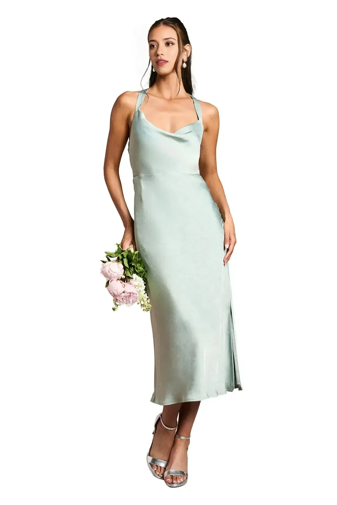 Lovely Sheath Cowl Neck Spaghetti Strap Tie Back Midi Length Bridesmaid Dress