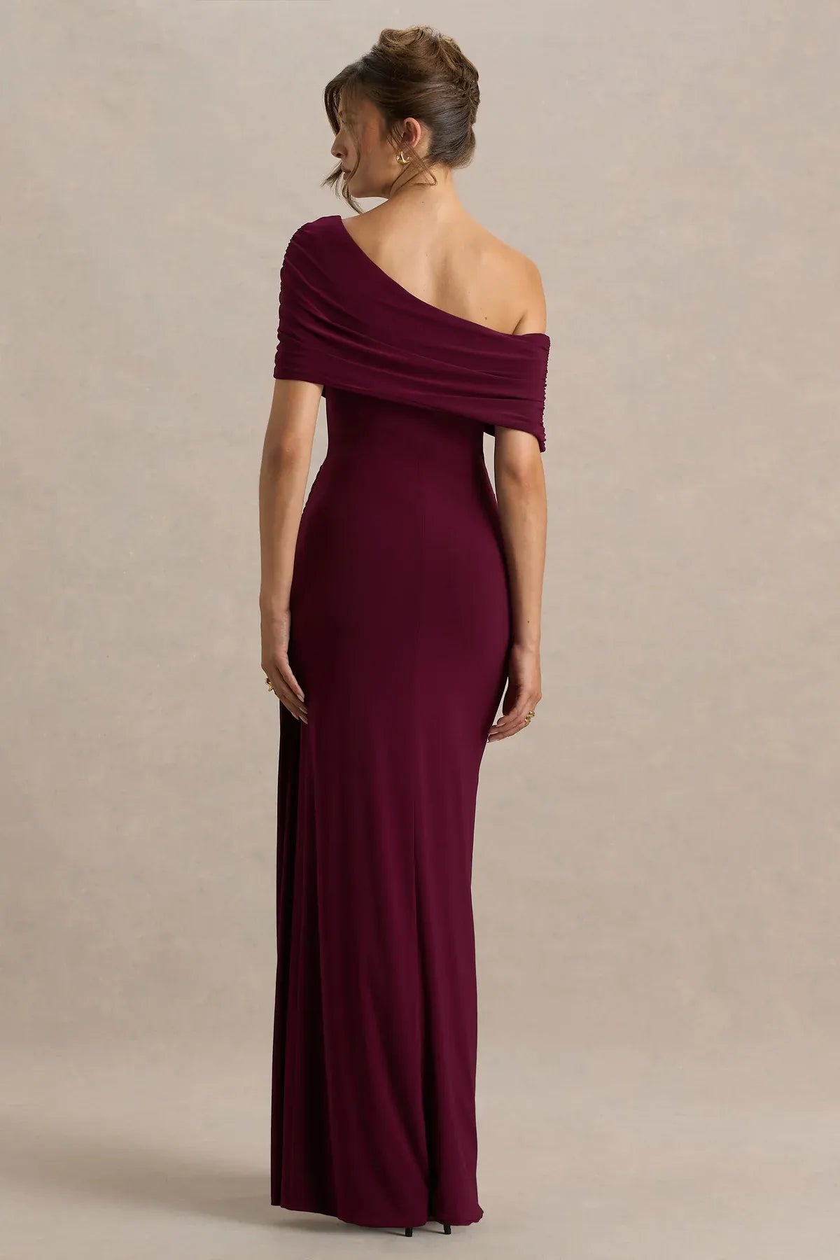 Alluring Mermaid One Shoulder Draped Sleeve Ruched Side High Slit Floor Length Evening Dress